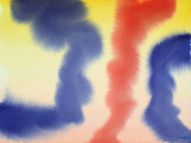 abstract of dark blue and brilliant red plumes against an amber sky, watercolor painting