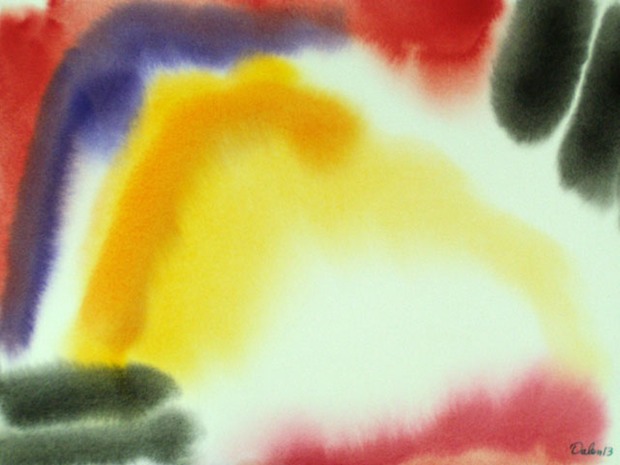 abstract of boomerang shapes of purple and yellow/amber, watercolor painting