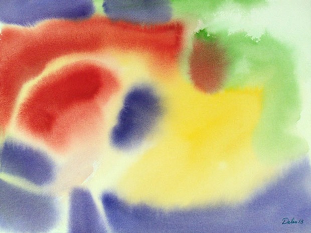 abstract arcs of red, purple and green with yellow center, watercolor painting