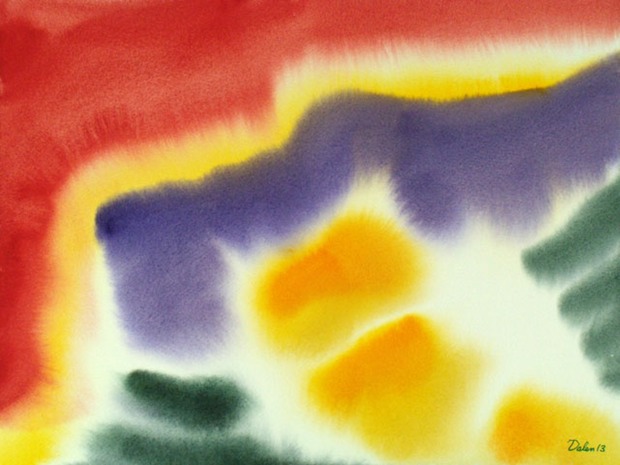 abstract magnetic fields of red, purple, amber and green, watercolor painting