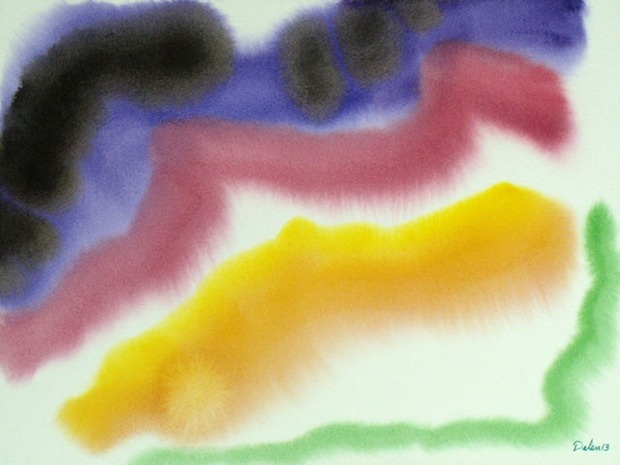 abstract of black, purple, burgundy, yellow and green, watercolor painting