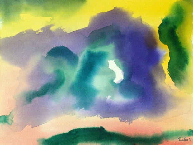 striking cloud-likeabstract of green, teal, purple and blue against a yellow and dusty-rose sky, watercolor painting