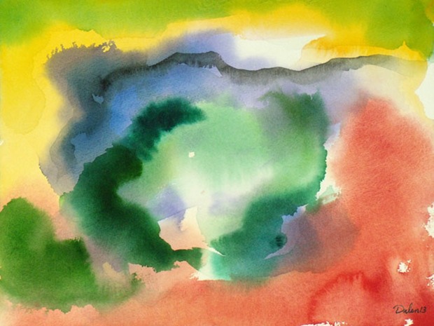 abstract of breaking clouds of yellow, blue, green and dusty rose, watercolor painting