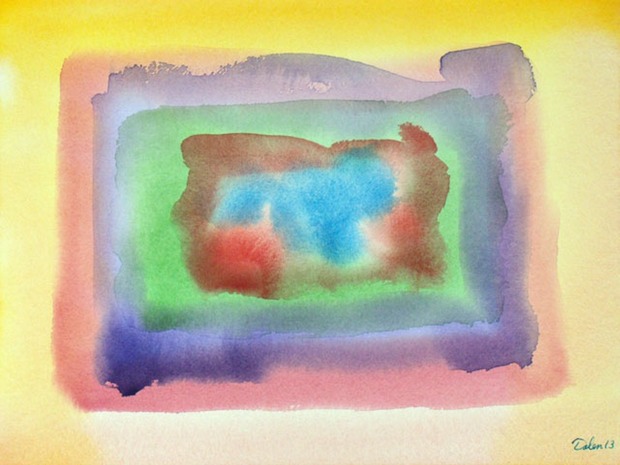 yellow to blue diminishing color-field, watercolor painting