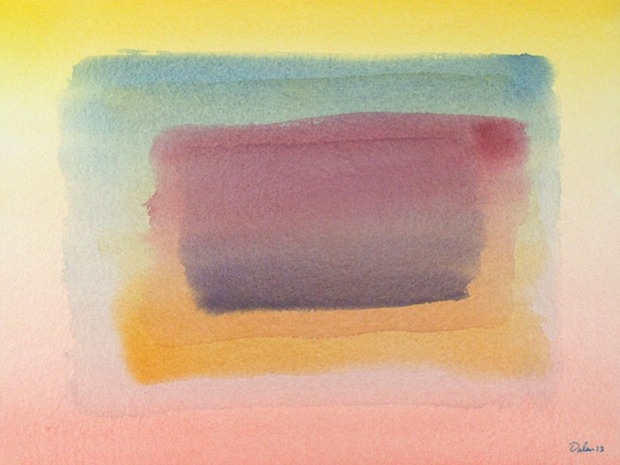 yellow to blue to burgundy to purple color-field, watercolor painting