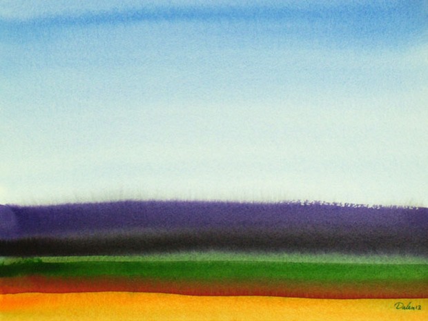 layered, multi-colored purple horizon with blue sky, watercolor painting