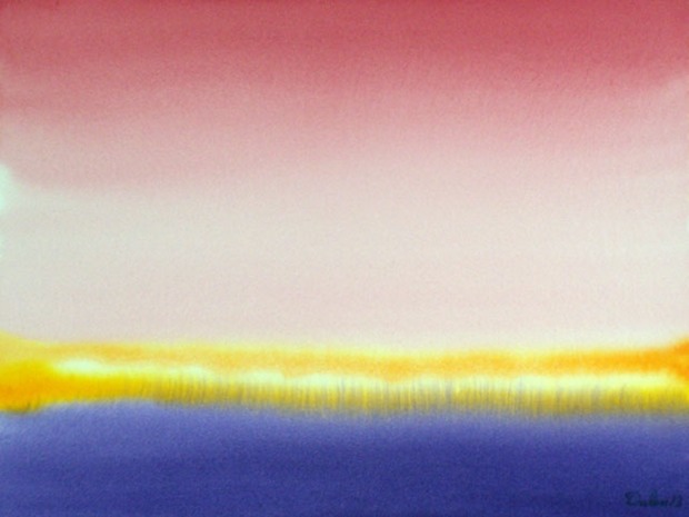 yellow and purple marsh-like horizon with red sky, watercolor painting