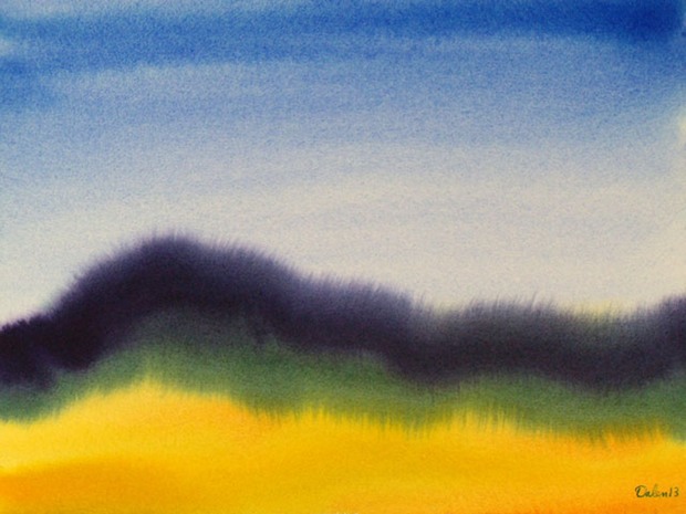 dark purple, green and yellow horizon, with blue sky, watercolor painting