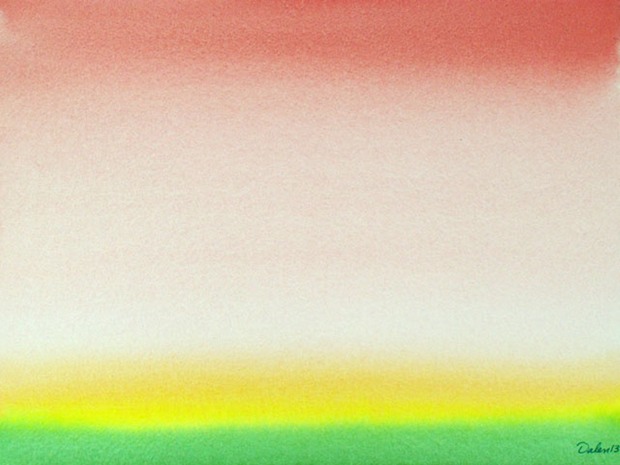 yellow, green, luminous horizon with light red sky, watercolor painting