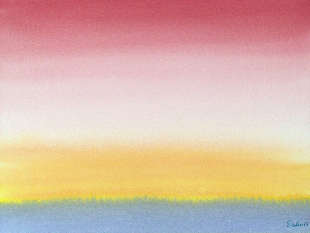 pale blue horizon with sunset sky, watercolor painting