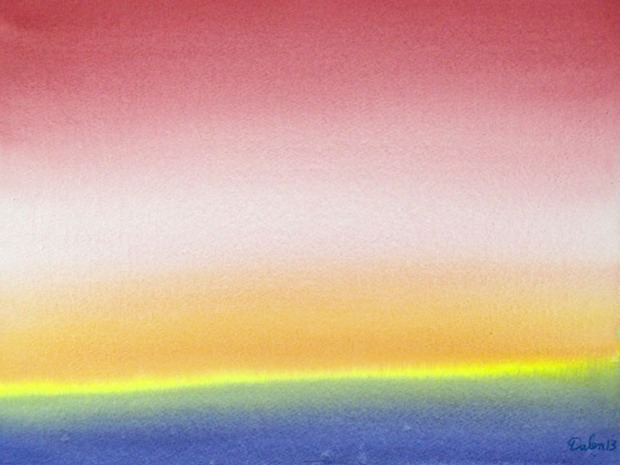 sloping purple horizon with sunset sky, watercolor painting