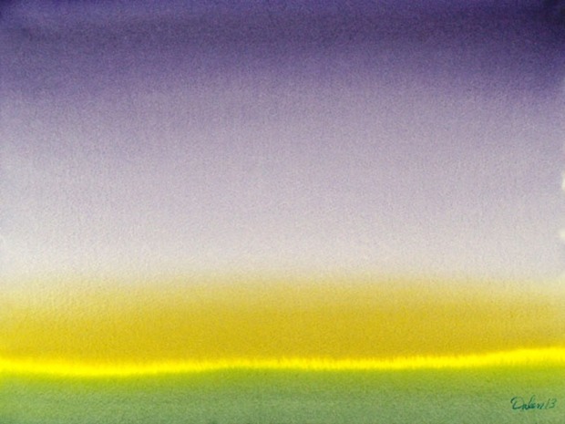 glowing yellow and green horizon with purple sky, watercolor painting