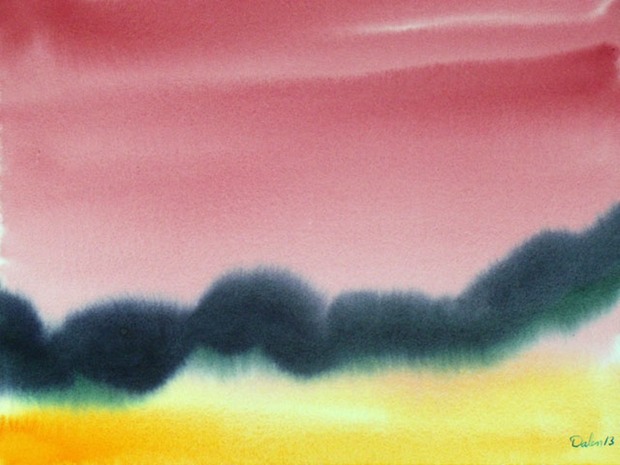 black and yellow rolling horizon with burgundy sky, watercolor painting