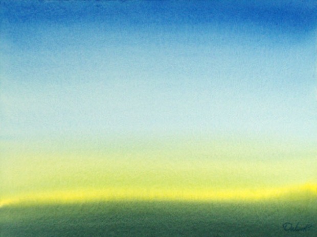 yellow and green horizon with blue sky, watercolor painting