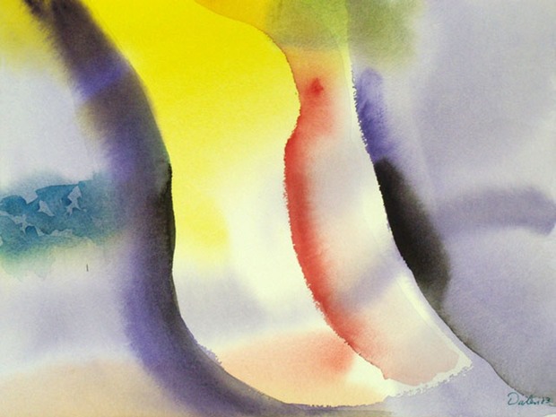 wave-like horizontal oscillations with purple, yellow and red curves, watercolor painting