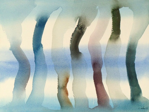 aqua and pale blue horizontal oscillations with blue, black and red marsh-like tubes, watercolor painting