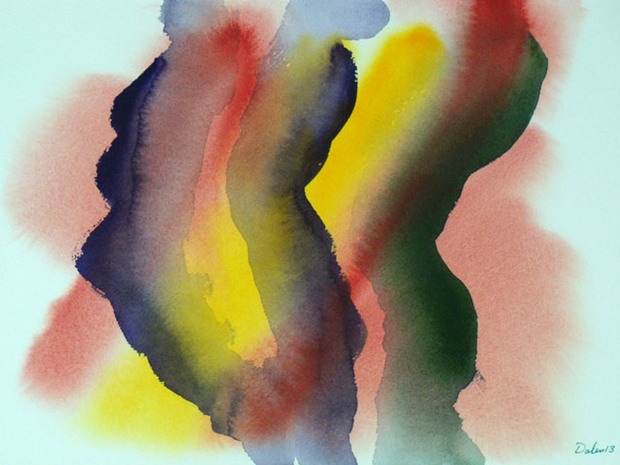 white, red and yellow horizontal oscillations with purple and green soft columns, watercolor painting