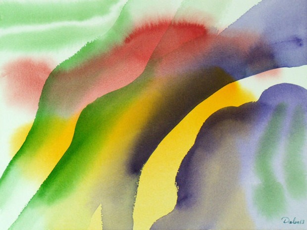 green, red and yellow horizontal oscillations with diagonal human-like forms, watercolor painting