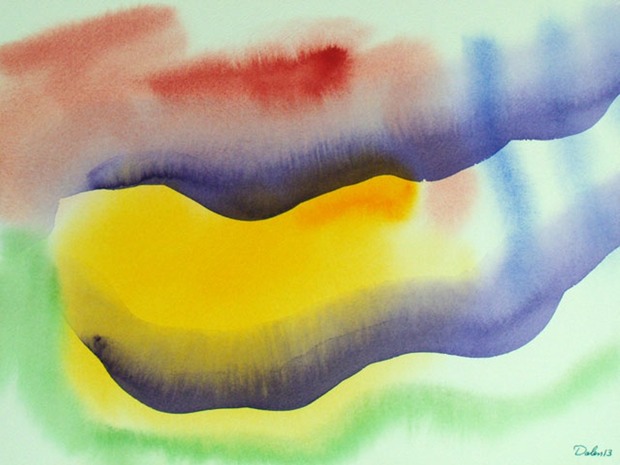 red, purple, yellow, green horizontal oscillations, watercolor painting