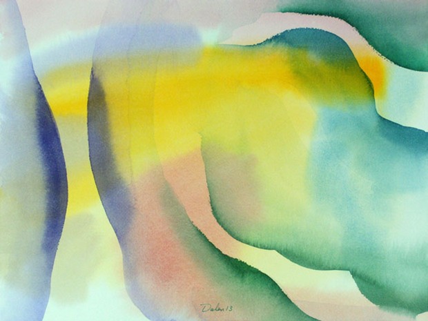 yellow horizontal oscillations with purple and green arc overlays, watercolor painting