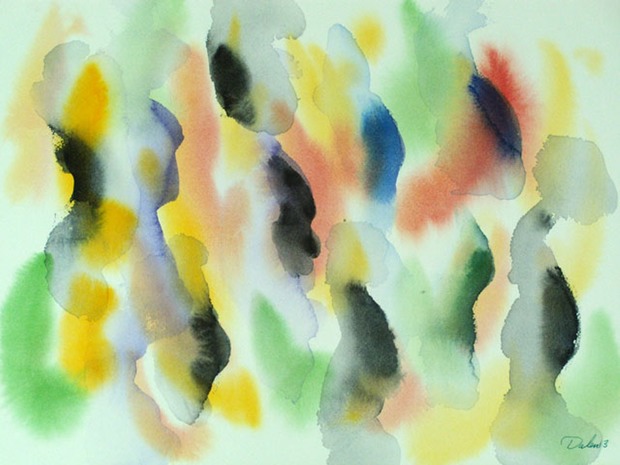 light green, yellow and red horizontal oscillations with smoke-like puffs, watercolor painting