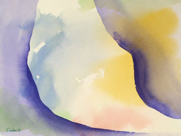 pale blue and yellow horizontal oscillations with purple cloth-like overlay, watercolor painting