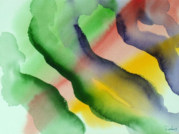 green, red and yellow horizontal oscillations with ginger root-like shapes, watercolor painting