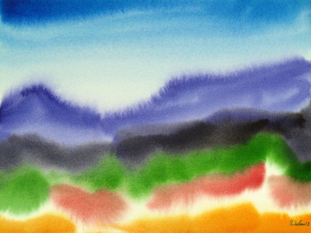 maine seascape with purple dunes, watercolor painting