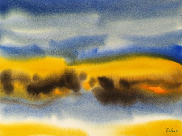 maine seascape with amber dunes, watercolor painting