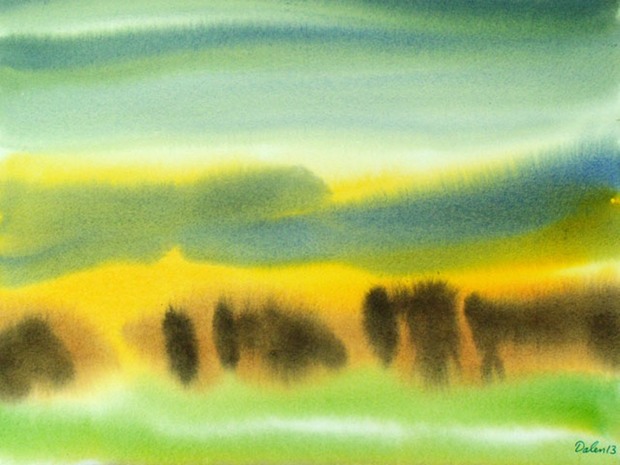 peaceful maine seascape with blue/yellow dunes, shrubs and green grasses, watercolor painting