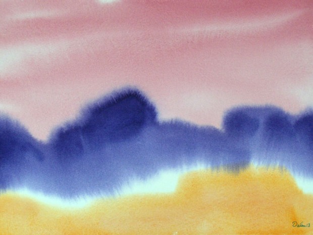 maine seascape with amber dunes, purple waves and burgundy sky, watercolor painting