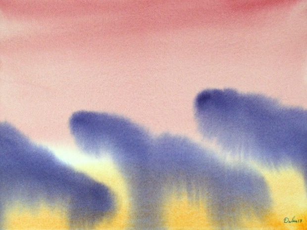 maine seascape with repeating waves against a pale burgundy sky, watercolor painting