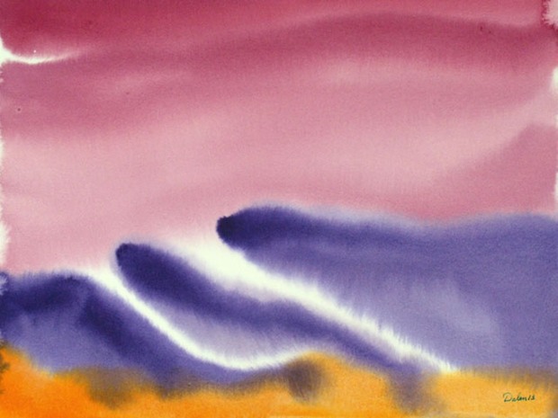 windy maine seascape with purple waves and burgundy sky, watercolor painting