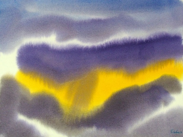 purple maine seascape with yellow dunes, watercolor painting