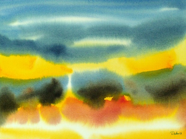 blue-green maine seascape with yellow, watercolor painting