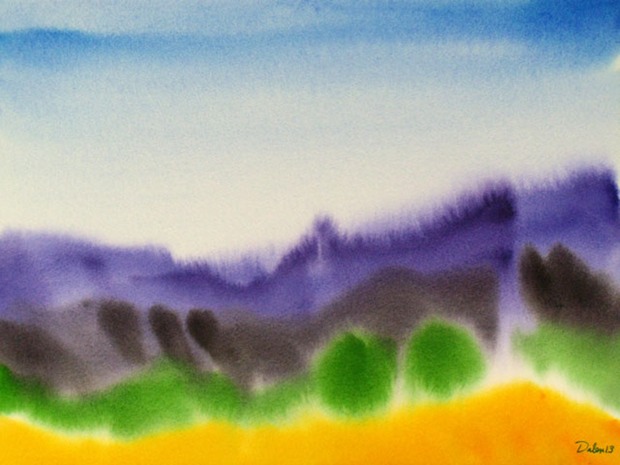 purple maine seascape with green seagrass, watercolor painting