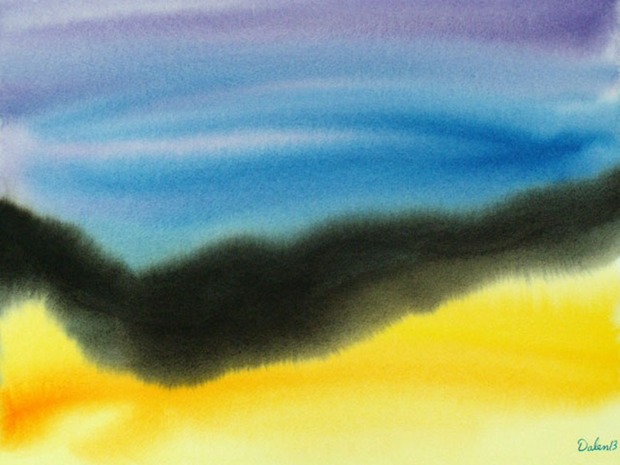 maine seascape with balck and yellow dunes, watercolor painting