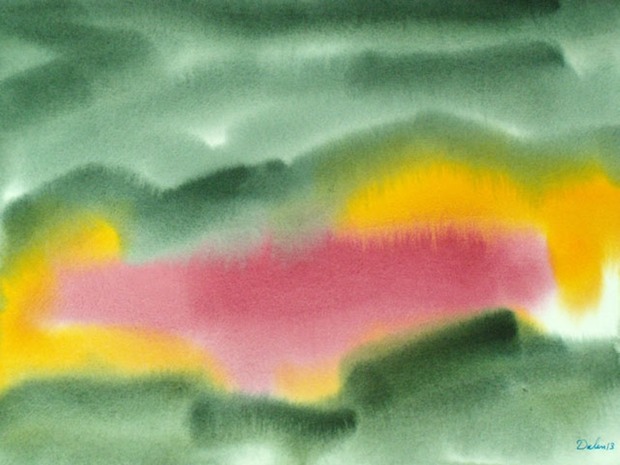 green maine seascape with dusty-red pool, watercolor painting