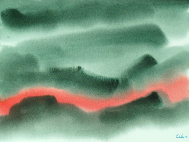 green maine seascape with rose-colored rivulet, watercolor painting