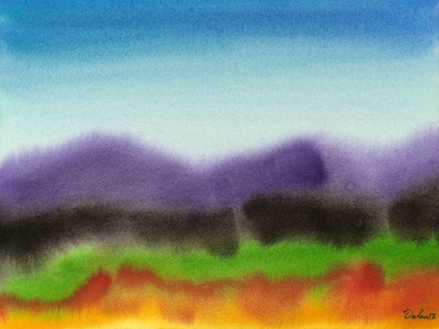 maine seascape with purple and black dunes, watercolor painting