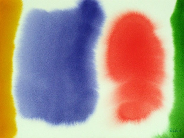 orange, blue, red, green stonehenge pillars, watercolor painting