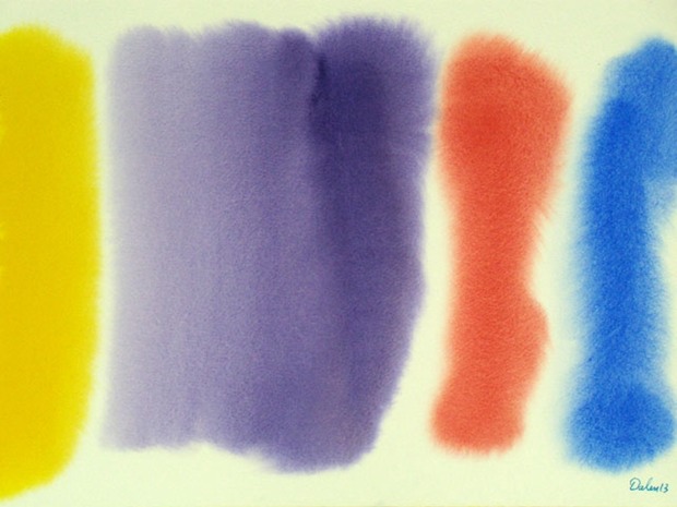 four yellow, purple, red, blue stonehenge pillars, watercolor painting