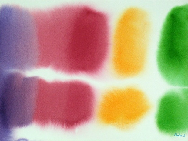 purple, burgundy, orange, green stonehenge pillars, watercolor painting