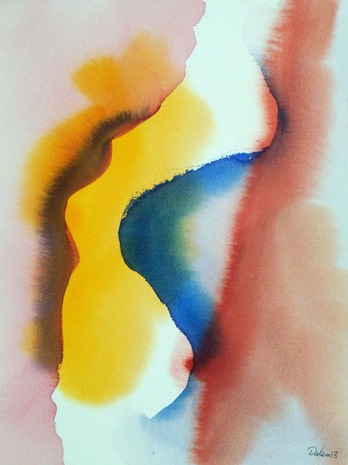 orange, yellow, blue, white and red wavy vertical undulations, watercolor painting