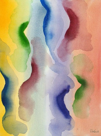 blue, green, red, vertical amoeba-like undulations, watercolor painting