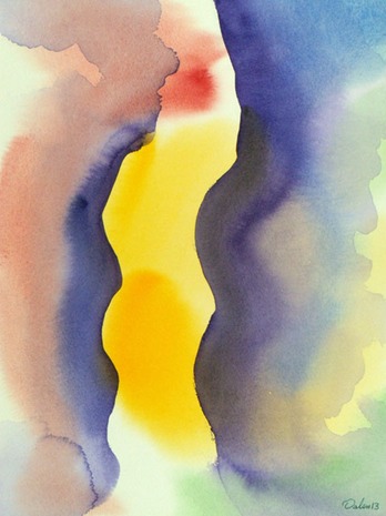 vertical rose-colored, purple and yellow undulations with red spot, watercolor painting