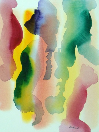 vertical red, green and blue seahorse-shaped undulations, watercolor painting