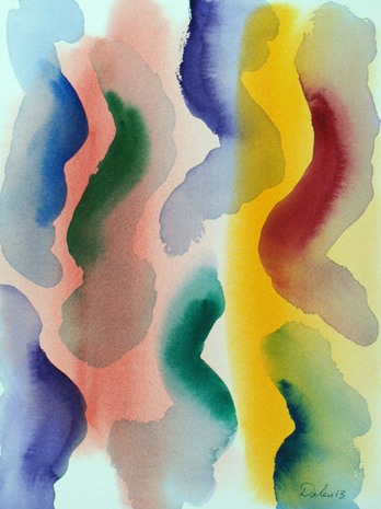 vertical blue, green purple and red amoeba-like undulations, watercolor painting