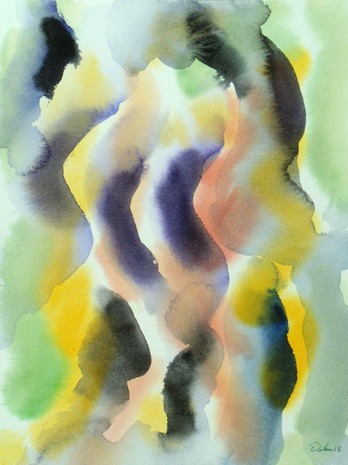 vertical green, yellow, black and purple worm-like undulations, watercolor painting